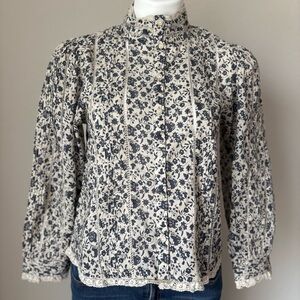 American Eagle AE77 Blue Cream Floral Lace Peasant Long Sleeve Blouse Top NWT